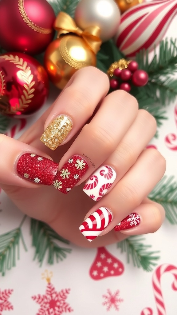 Short square nails with Christmas designs including glitter, snowflakes, and candy cane patterns on a festive background.
